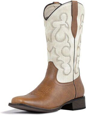 Women's White Cowgirl Fashion Two Toned Western Boots Square Toe Mid Calf Brown